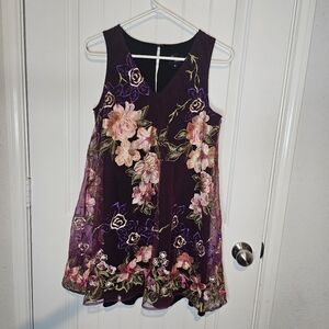 ​Beige by ECI Floral Embroidered Mesh Overlay Dress Plum Purple Boho Mini Sz M